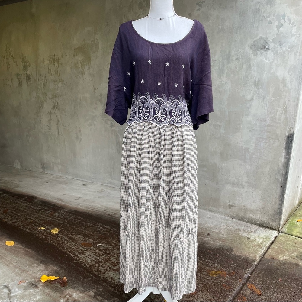 Vintage 90s Purple Gingham Embroidered Cottagecore Plus Size Dress - Picture 2 of 4